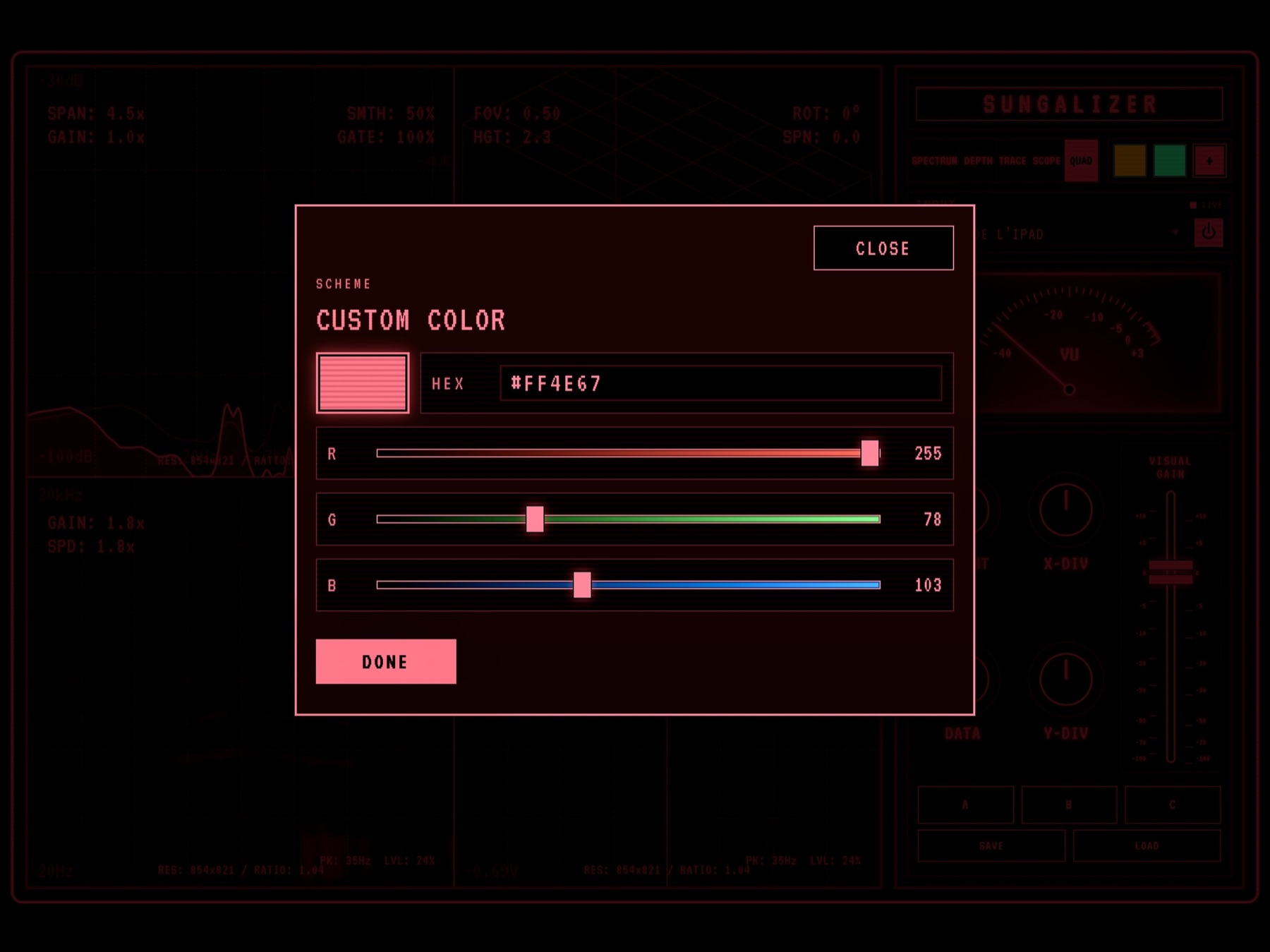 Sungalizer custom color controls on iPad.
